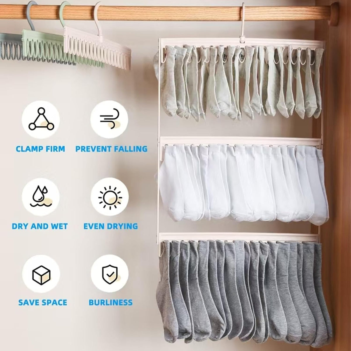 Socks Drying Racks Hanger Socks Organizer Hook Hanger with 54 Clips, Clothes Drying Racks Windproof for Drying Socks Bras Underwears Baby Clothes, Hats Scarfs Towels Pants and Gloves Diaper (Pink)