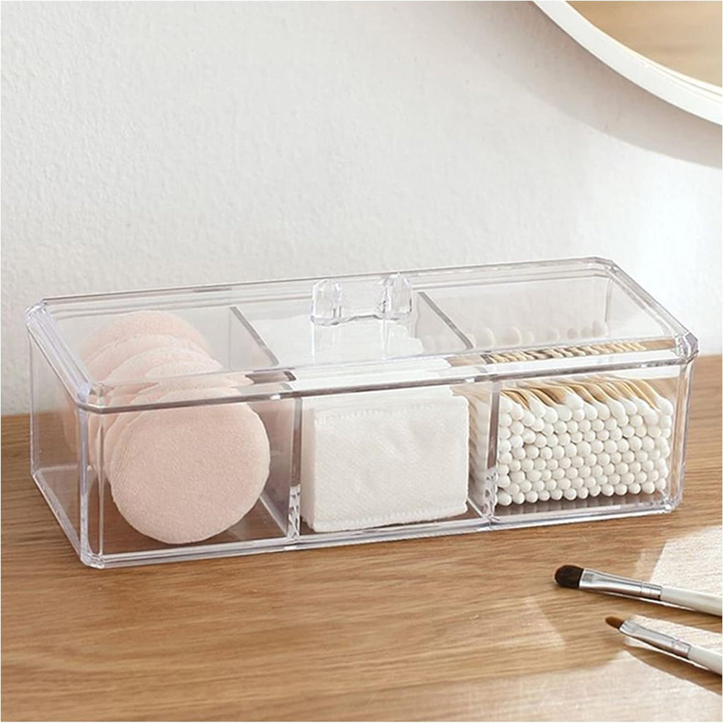 Square Qtip Holder Dispenser, 3 Compartments Cotton Ball Holder with Lid
