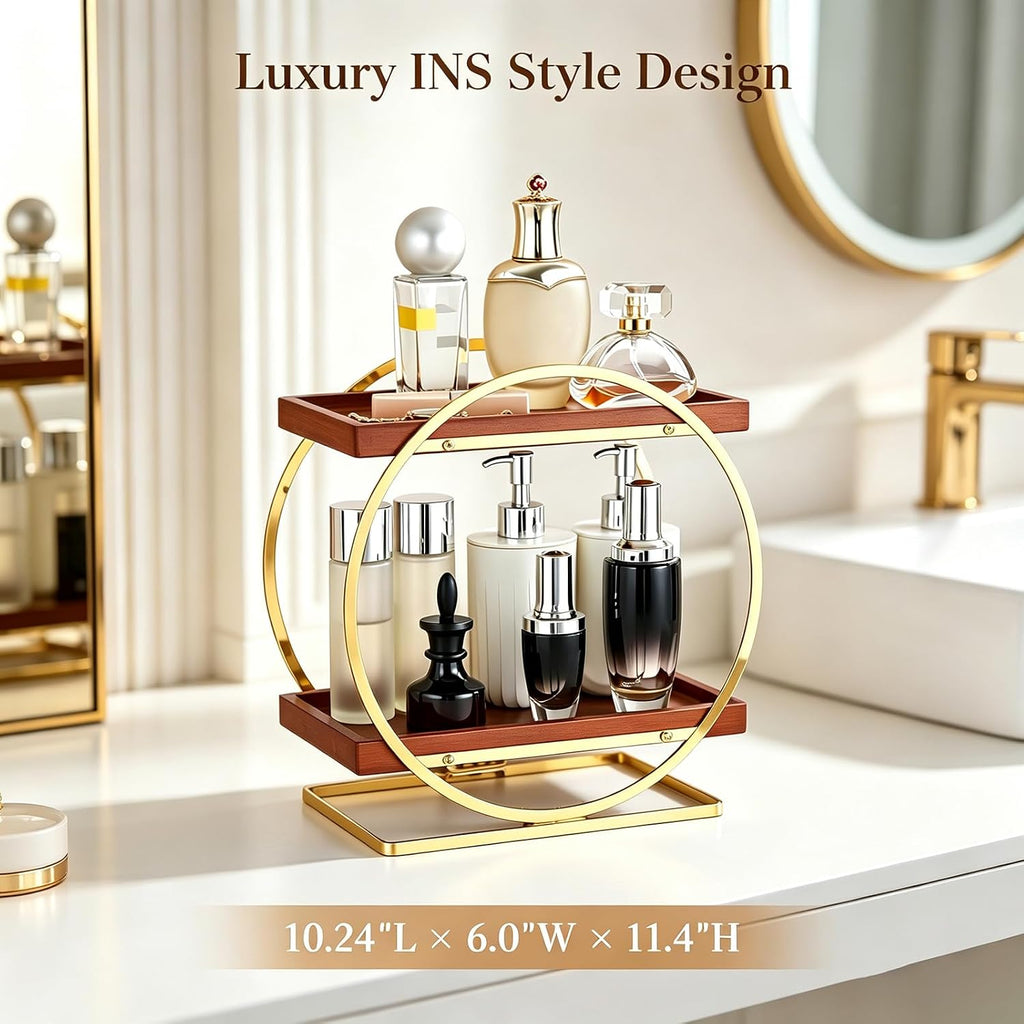 2-Tier Bathroom Organizer Countertop, Wooden Gold Perfume Organizer