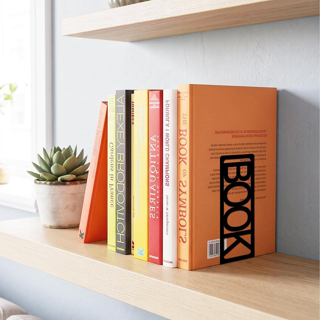 Book Ends for Shelves Set of 6, Black Modern Minimalist Metal Bookends Decorative Book Holder for Home Office Desk Bookshelf Decor Book Shelf Organizer