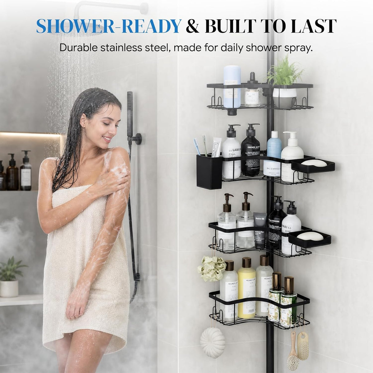 Corner Shower Caddy Tension Pole 4-Tier Rustproof Bathroom Organizer-Black