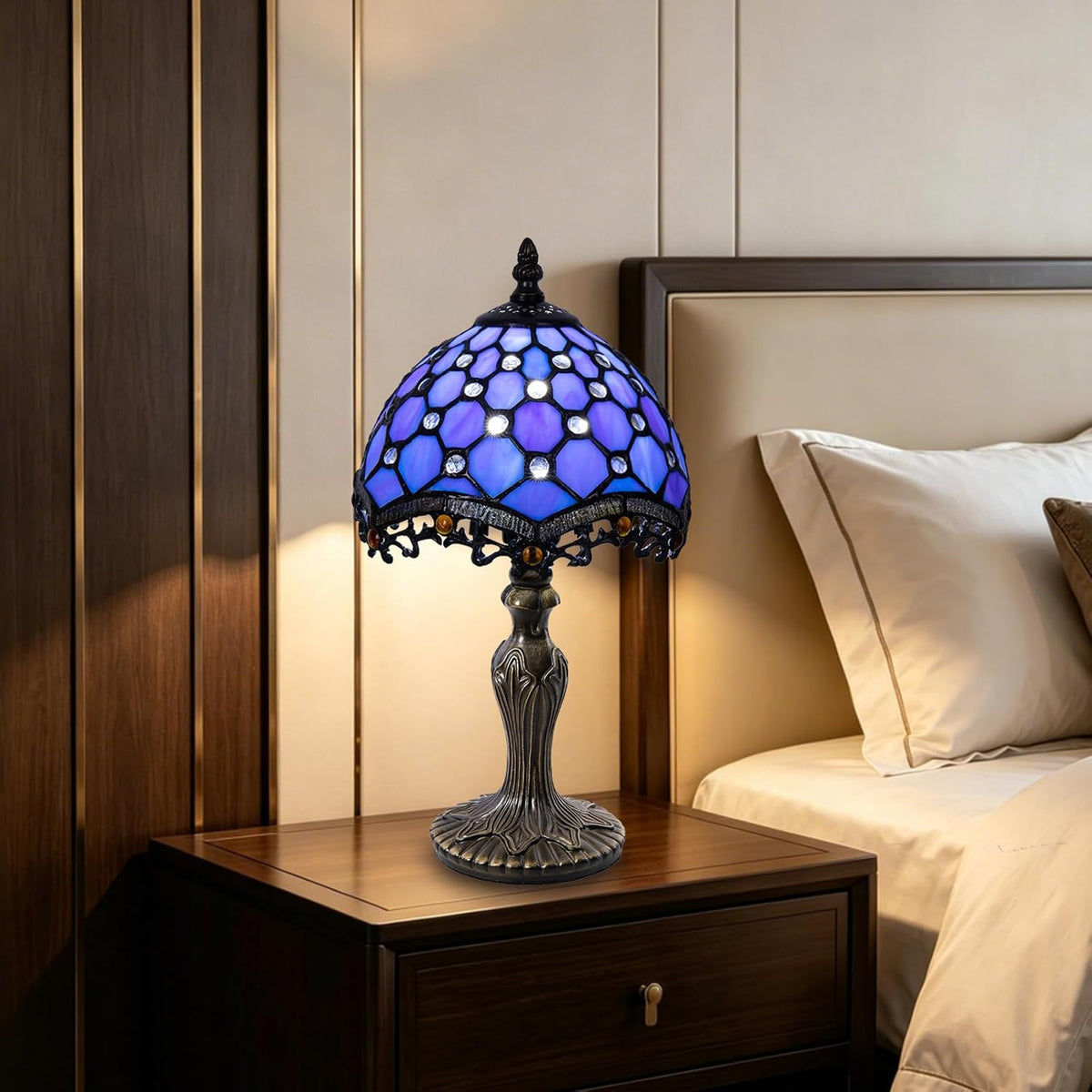 Small Tiffany Style 8 inch Blue Stained Glass Table Lamp