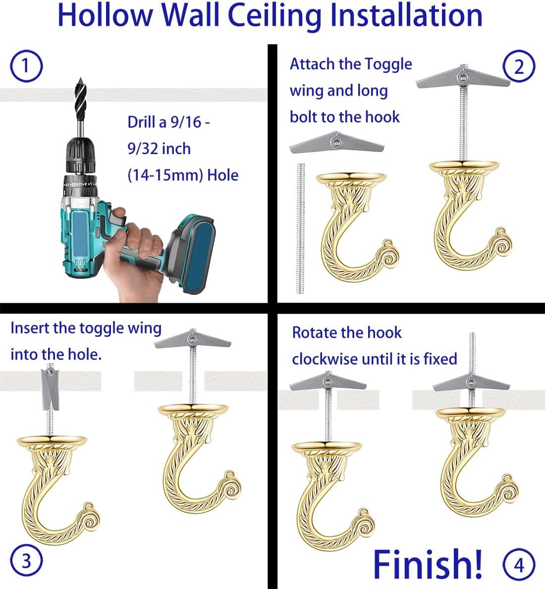 Heavy Duty Ceiling Hooks, Hanging Plants & Baskets (6, Gold)