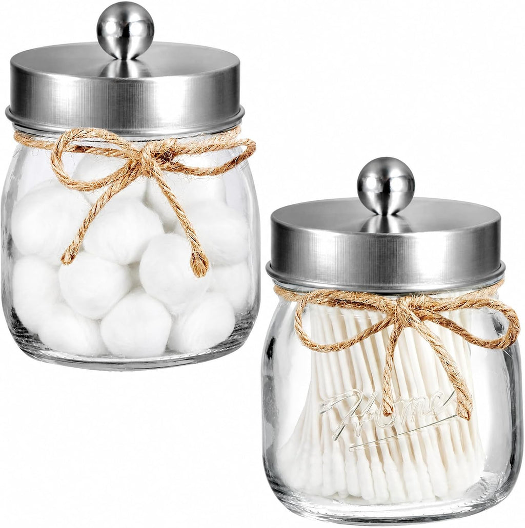 SheeChung 2 Pack Glass Mason Jar Qtip Holder Dispenser, Brushed Nickel Lids