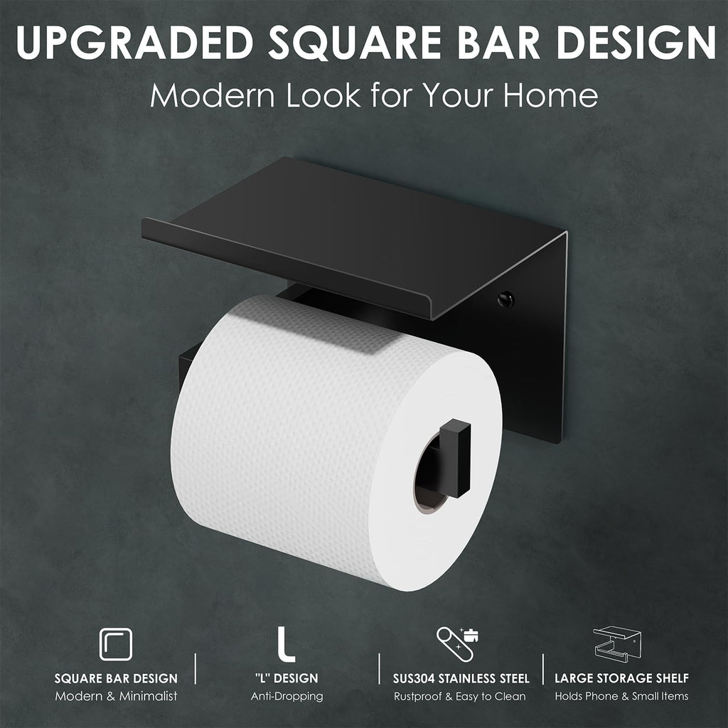 Auxmir Toilet Paper Holder with Shelf, Self Adhesive or Screw Mount, Black