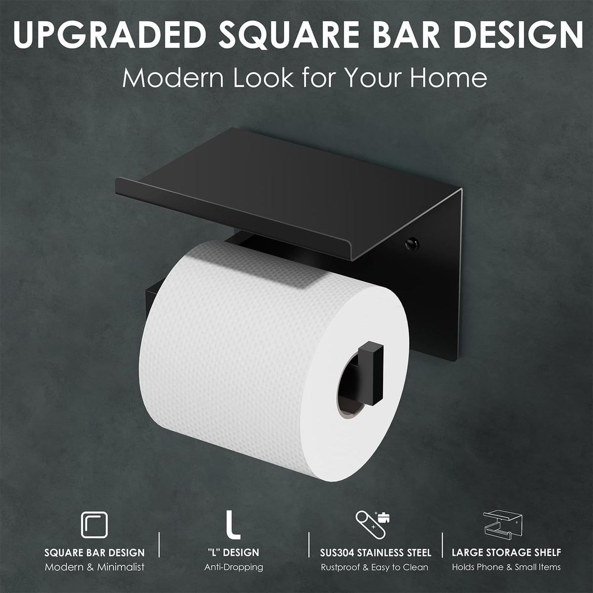 Auxmir Toilet Paper Holder with Shelf, Self Adhesive or Screw Mount, Black
