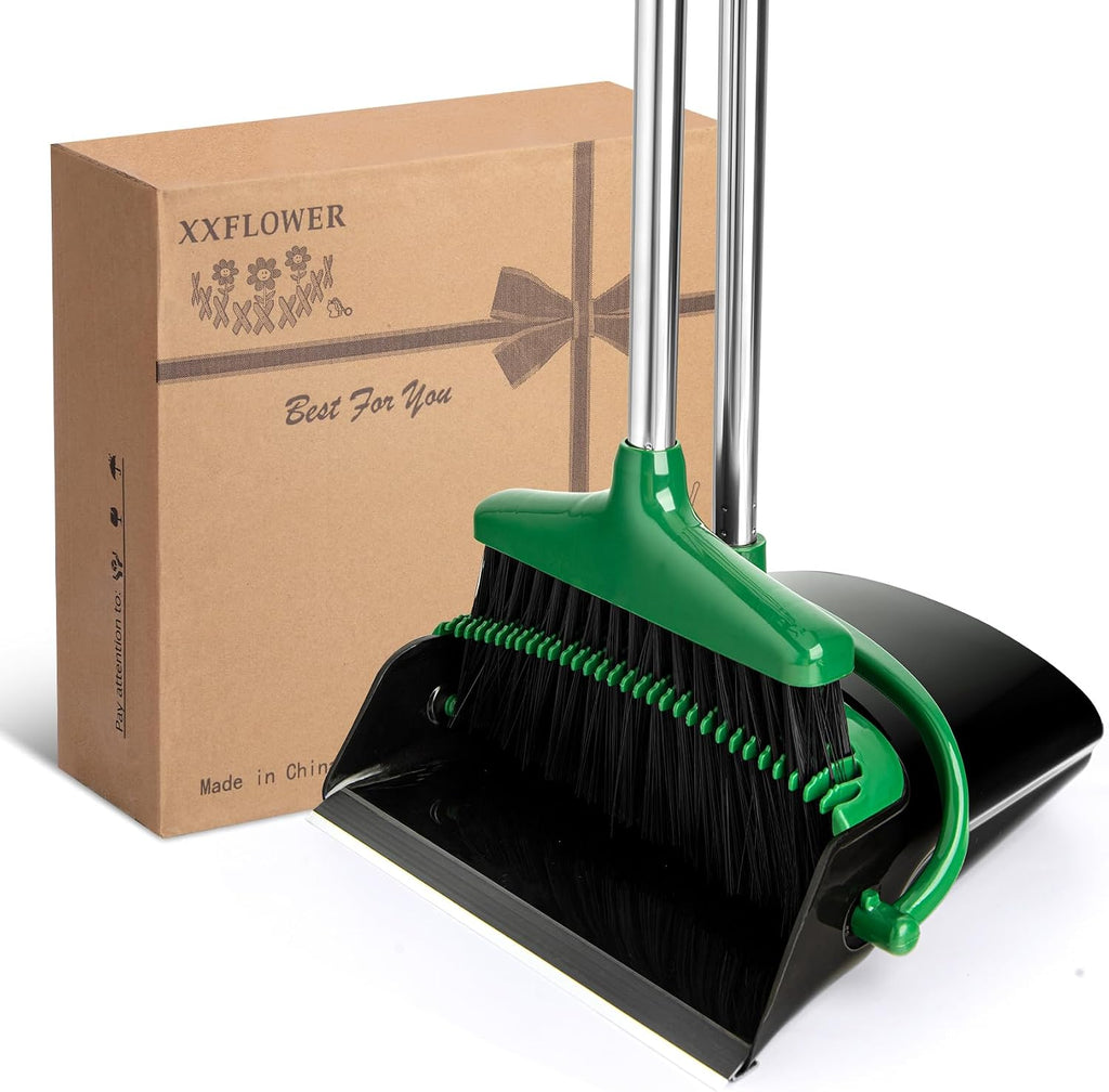 Broom and Dustpan Set with Long Handle, Light Weight Stainless Steel Poles Stand Upright Dustpans with Broom Combo for Home Kitchen Office Pet Dog Hair, 1-Pack(Black Green)