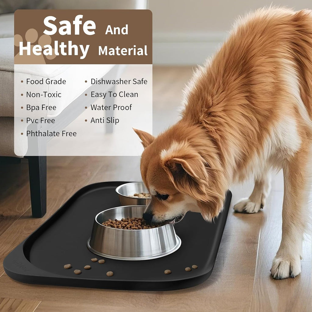 Smilool Silicone Pet Food Mat with Raised Edge for Food and Water Bowl, Dog Feeding Mats, Cat Food Trays for Floor Waterproof, Rubber Tray for Dogs and Cats, 19 x 12 x 0.7 Black
