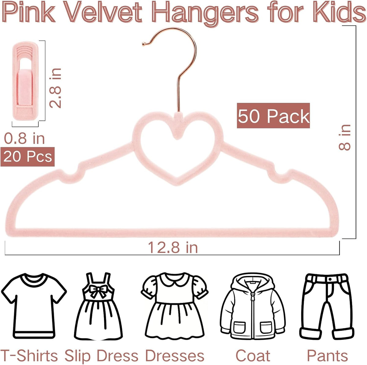 Coloch 50 Pack Pink Velvet Hangers for Kids, 12.8 in Non-Slip Baby Hangers with 20 Clips for Closet, Space-Saving Slim Felt Children Clothes Hanger for Nursery, Preteen, Coat, Dress, Shirt