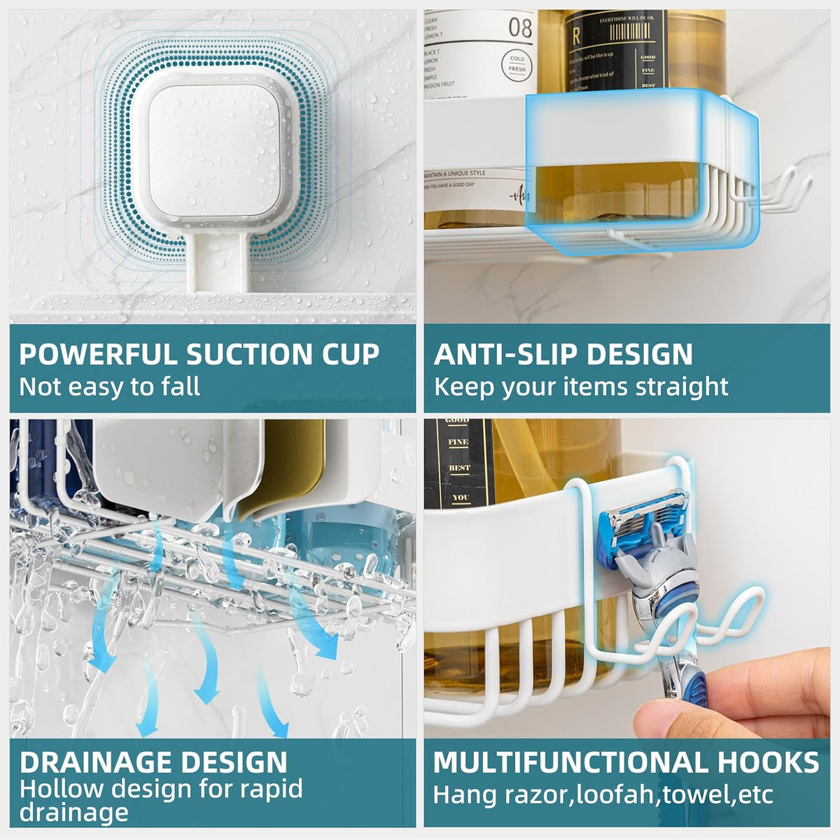 TAILI Shower Caddy Suction Cup Rustproof Metal Shower Shelves White 2pack