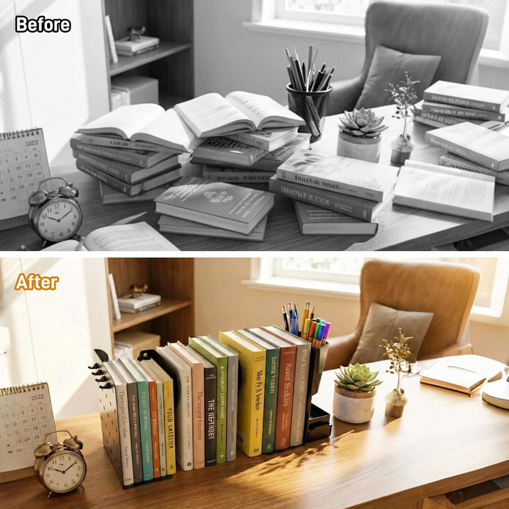 Adjustable Bookends with Mini Pegboard 6 Hooks/Pen Holder/Tray for Desktop