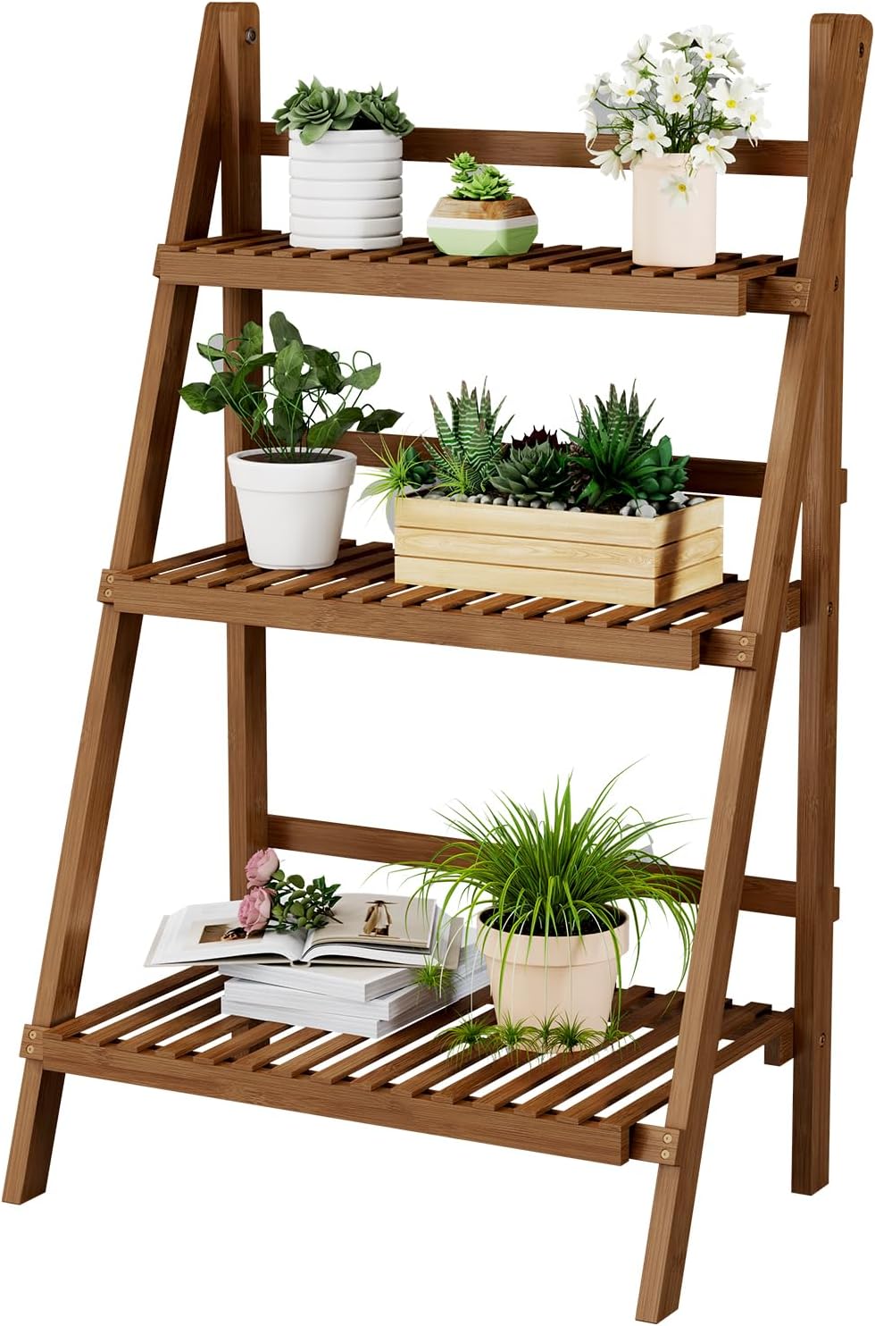 Ladder Shelf, Foldable Plant Shelf Stand, 3-Tier Bamboo Bookshelf, 39.4In