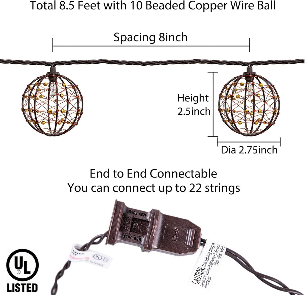 Outdoor Decorative Patio String Lights, Beaded Copper Wire Ball Style Lantern Lights, Connectable Weather-Resistant Indoor Outdoor Novelty Whimsical Light for Home Pergola Bedroom Porch Party Backyard