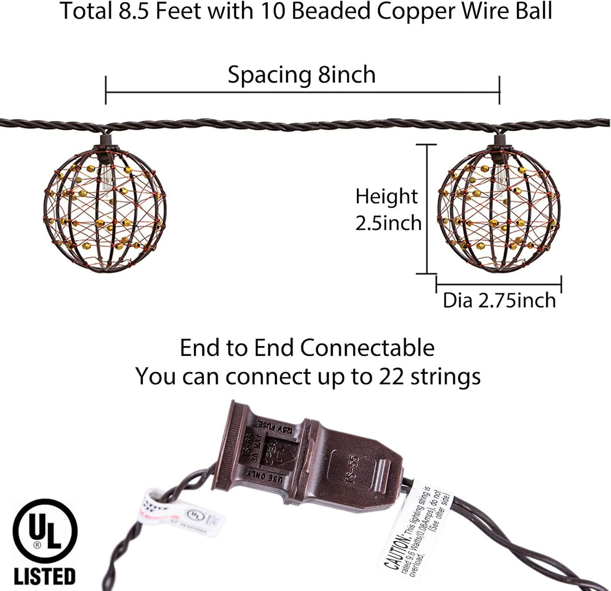 Outdoor Decorative Patio String Lights, Beaded Copper Wire Ball Style Lantern Lights, Connectable Weather-Resistant Indoor Outdoor Novelty Whimsical Light for Home Pergola Bedroom Porch Party Backyard