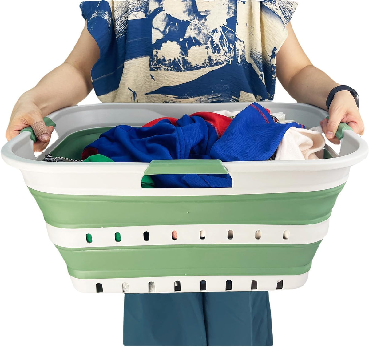 SAMMART 42 (11 Gallons) Collapsible Plastic Laundry Basket, Foldable Pop Up Storage Container/Organizer, Space Saving Hamper, Portable Bin for Dorm Room Bathroom (1, Grey/Dark Sea Green)