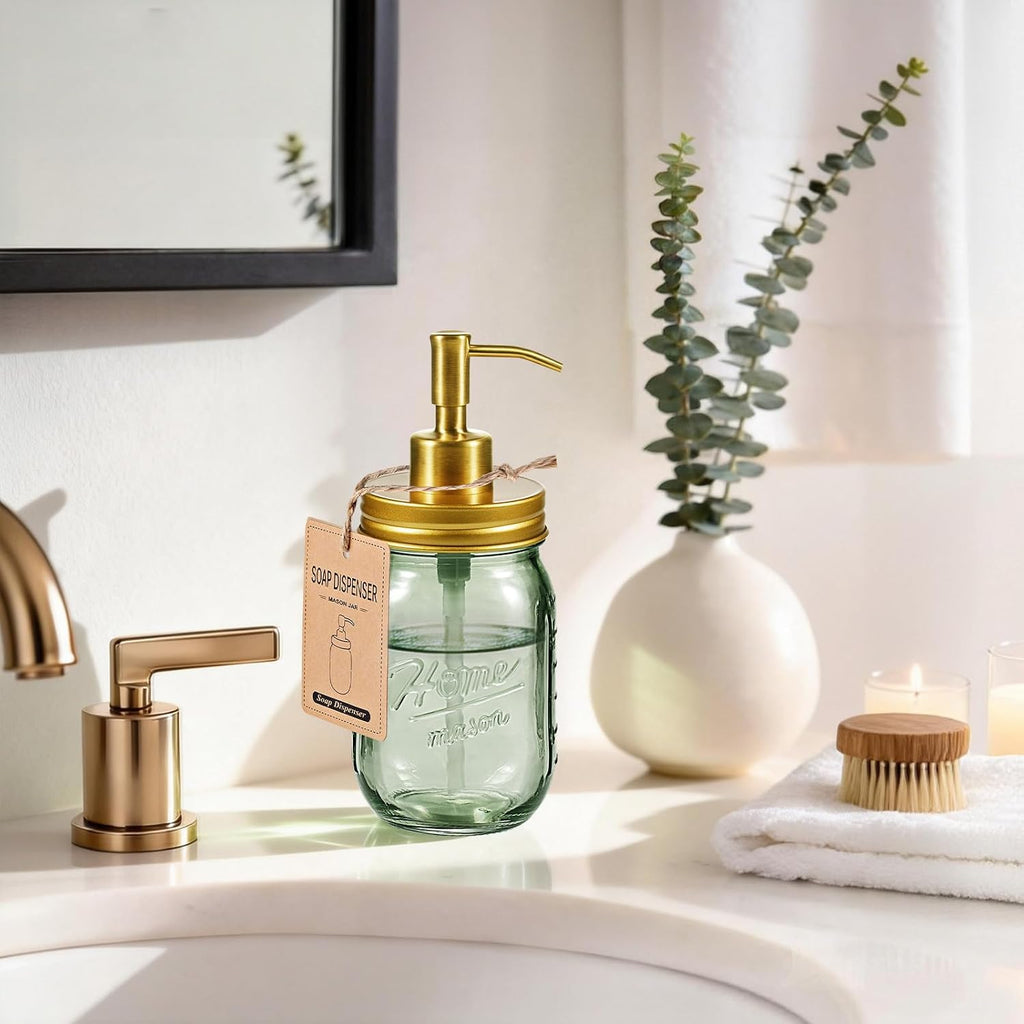 SheeChung Green Glass Mason Jar Liquid Soap Dispenser, 16oz, Gold, 2 Pack
