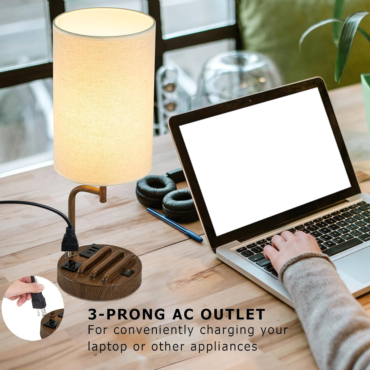 Dreamholder Table Lamp with 3 USB Charging Ports, Modern Desk Lamp with AC Outlet and Phone Stands, Perfect Bedside Lamp for Bedroom, Living Room, Office (Pack of 2), Walnut