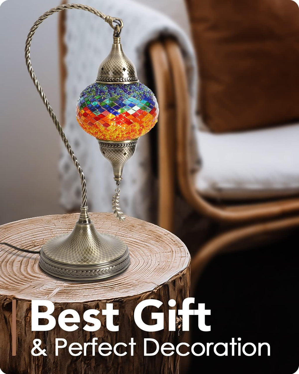 Yarra-Decor Turkish Moroccan Mosaic Table Lamp with Bronze Base - 3 Color Options Handmade Swan Neck Tiffany Mosaic Glass Bedside Lamps for Bedroom, 19" Color2(LED Bulb Included)