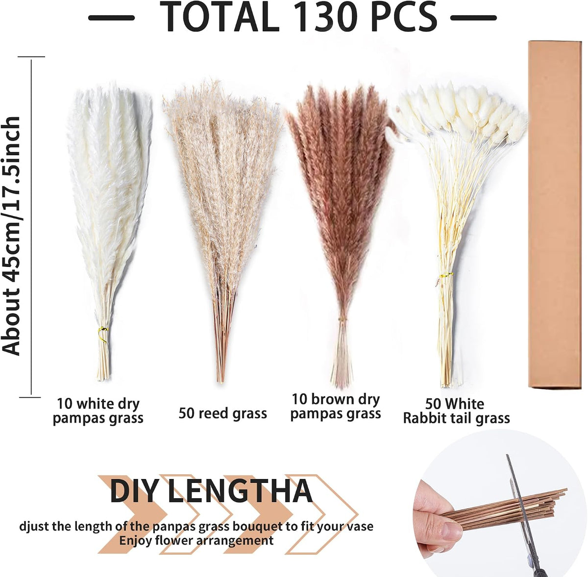 Natural Dried Pampas Grass Decor - 17.5" 130Pcs Fluffy Pampas Grass Bouquet
