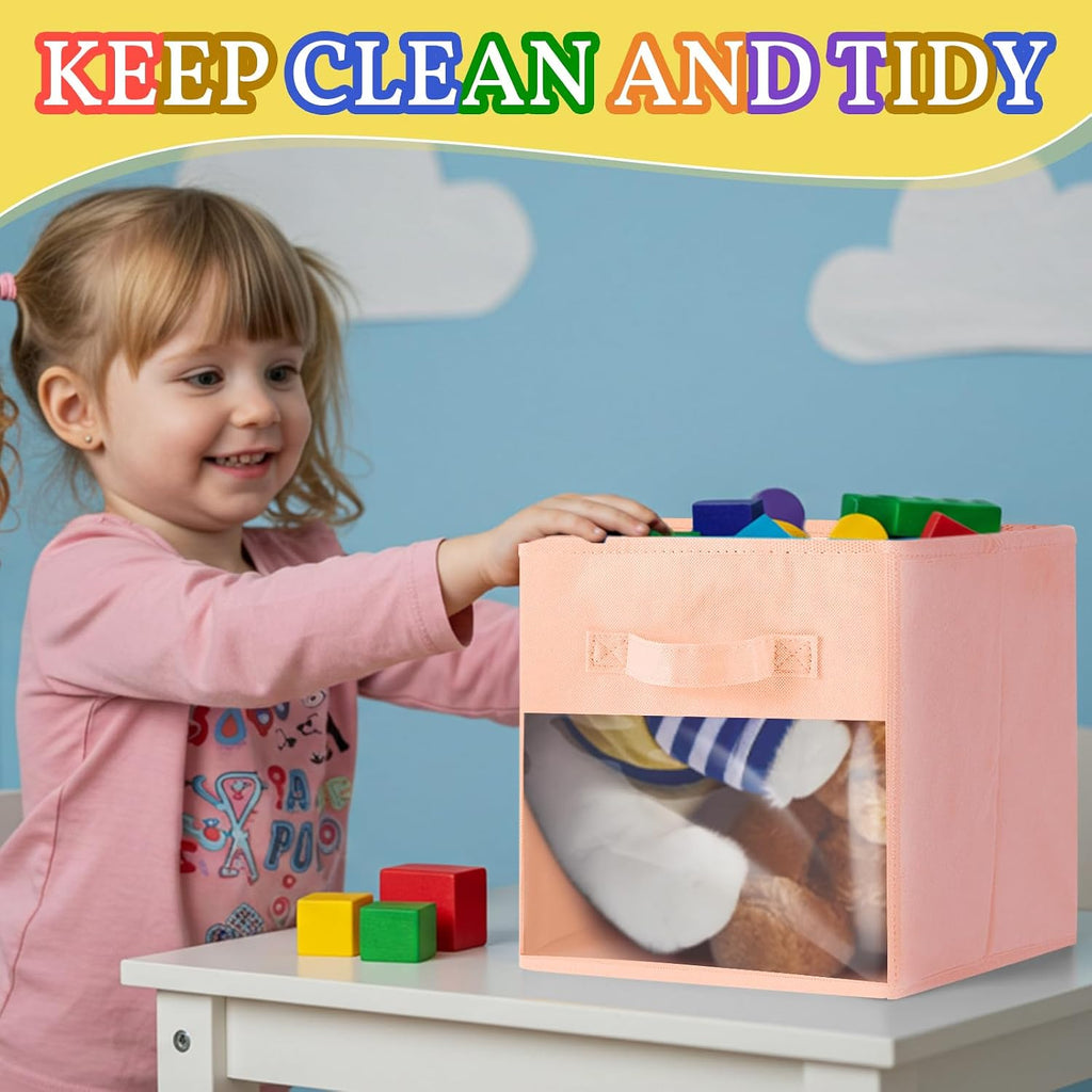 Marsui 12 Pcs Clear Cube Storage Bins Pink Collapsible Kids Storage Bins Fabric Classroom Organizer with Window for Kid Playroom Room Daycare Nursery(Pastel)