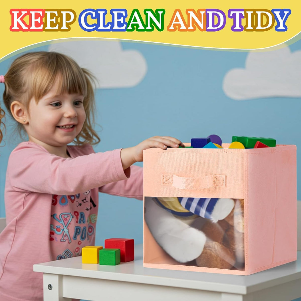Marsui 12 Pcs Clear Cube Storage Bins Pink Collapsible Kids Storage Bins Fabric Classroom Organizer with Window for Kid Playroom Room Daycare Nursery(Pastel)