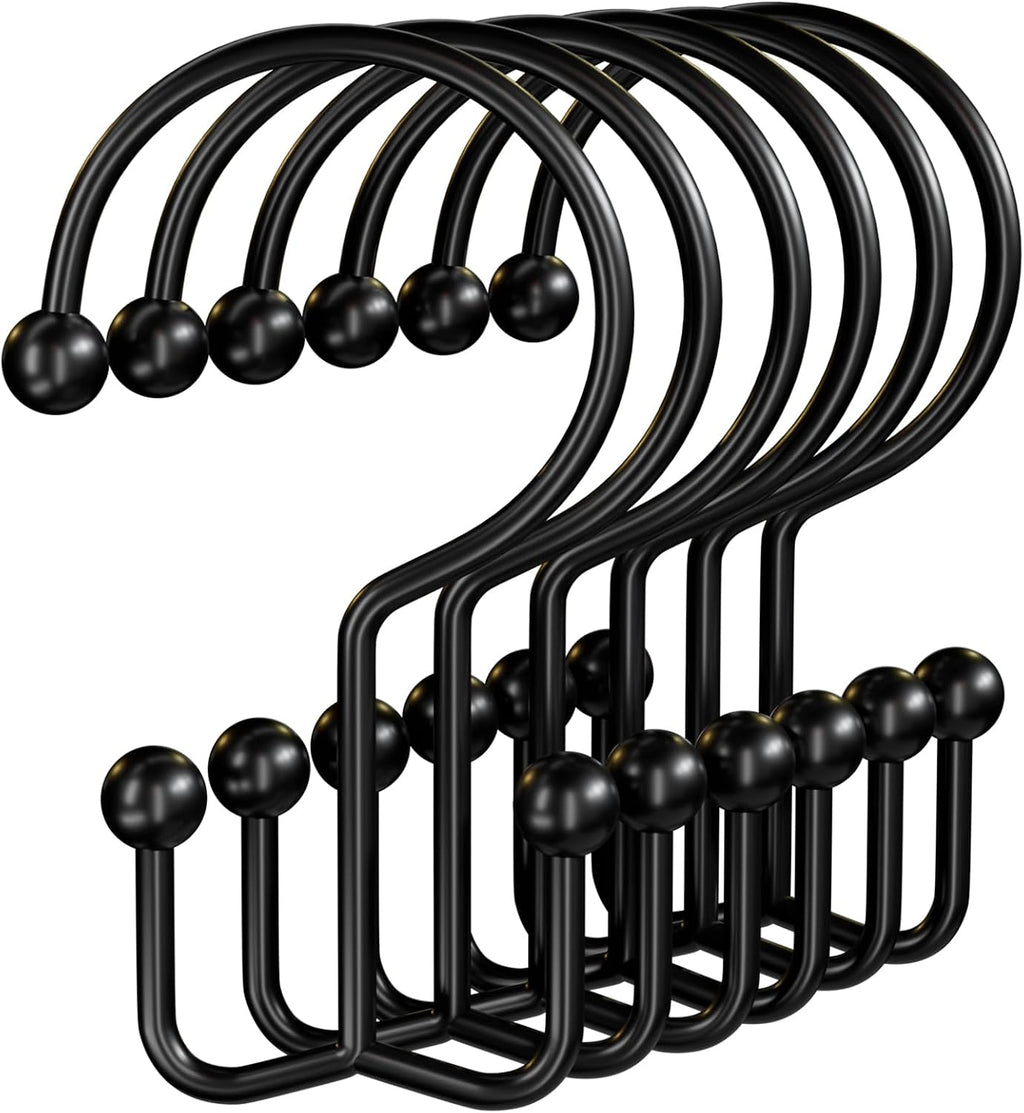 OEH 24 Pcs Shower Curtain Hooks, Metal Shower Curtain Rings, Black Shower Curtain Hooks Rust Proof, Double Shower Rings for Curtain, Easy Install Anti-Drop Shower Hooks for Shower Curtain, Black