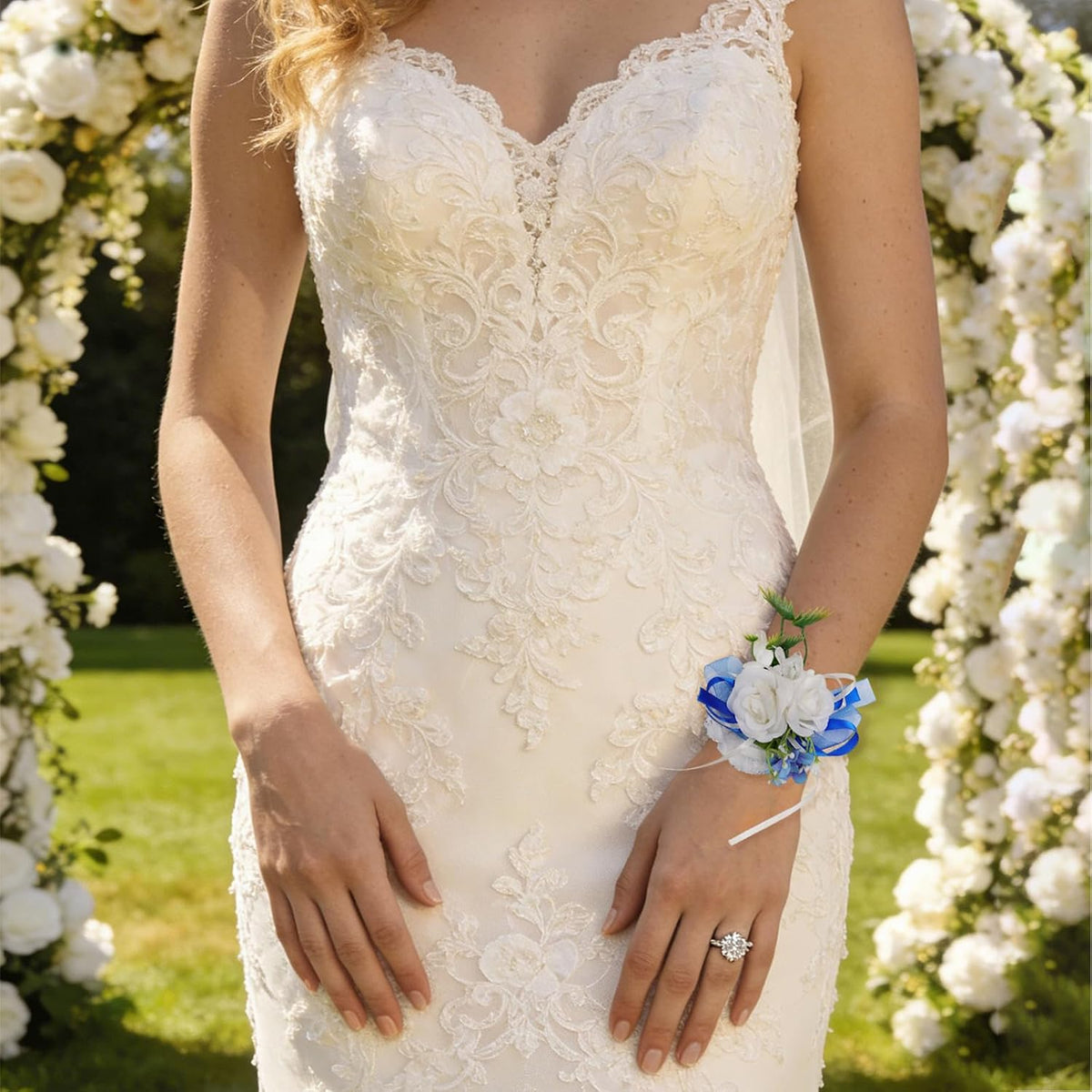 6Pcs White and Blue Artificial Rose Wrist Corsages for Wedding Prom