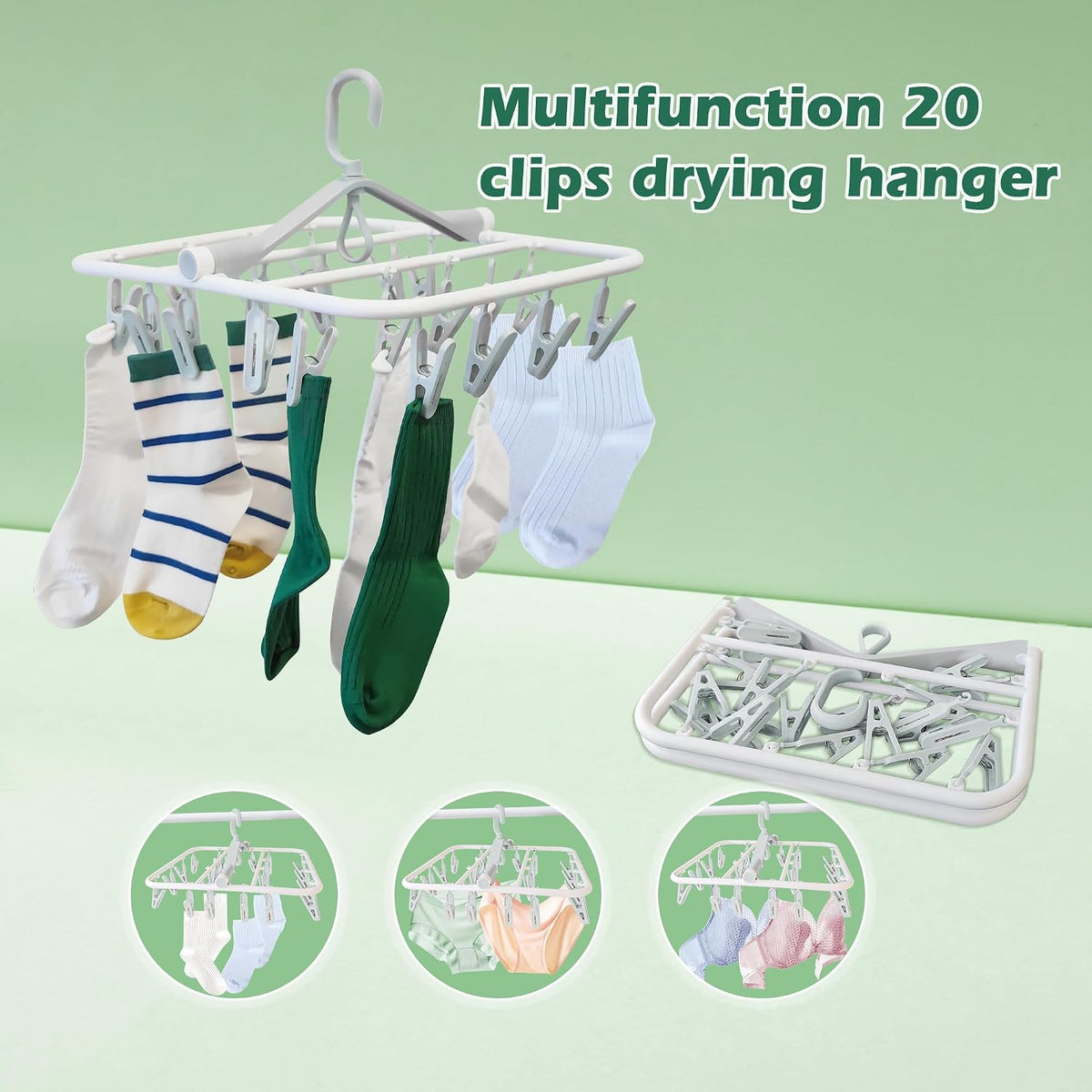 Plastic PP Drying Hanger, Anti-Rusty Drying Rack for Clothes, Socks, Lingeries, Delicates, Drying Hanger with 20 Clips for Baby Clothes, Towels