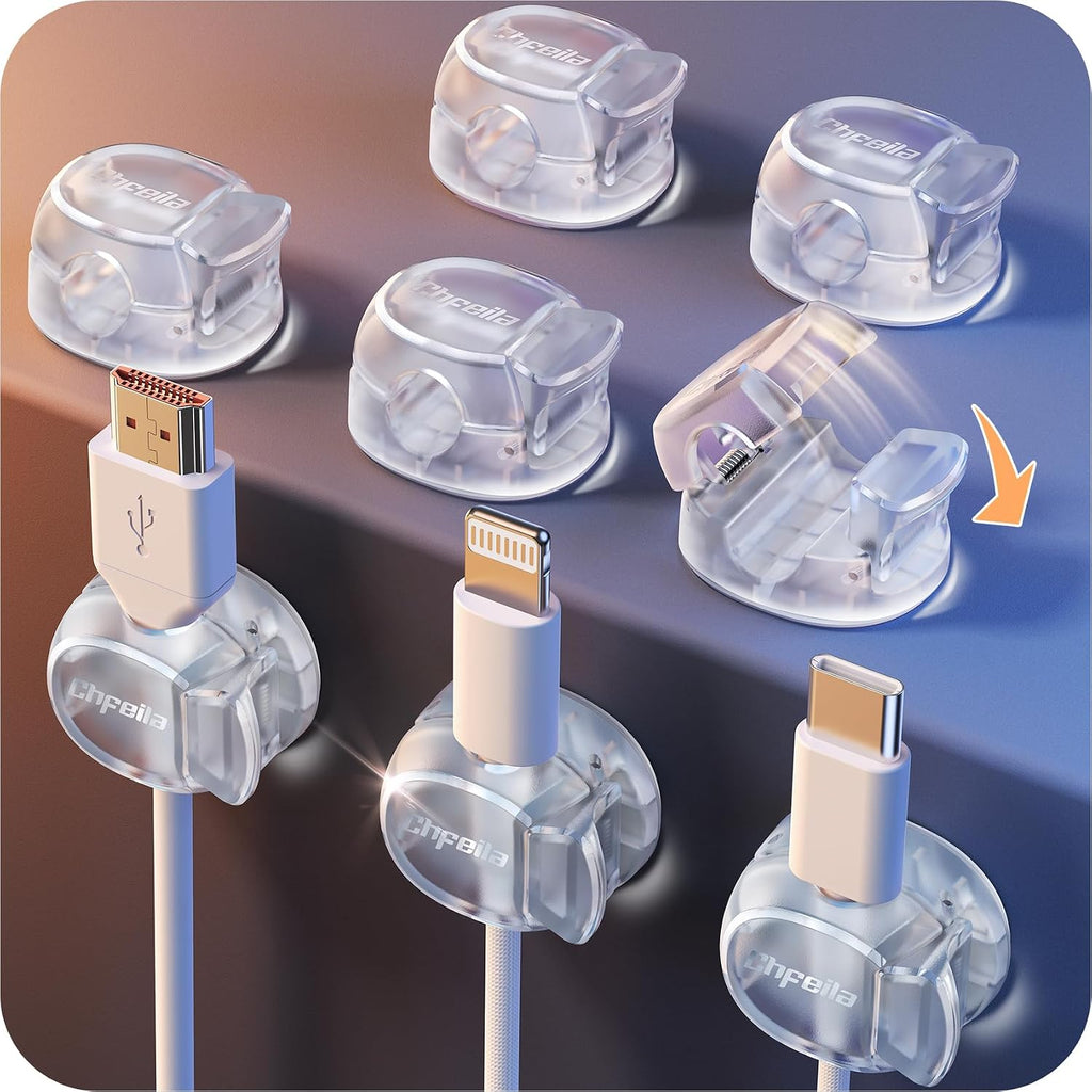 Cable Clips, Chfeila 8Pack Dual Spring Cord Organizer with Clasp Lock, [Max Stability] Desk Cable Management, Adhesive Phone Charging Wire Holder for Nightstand/Car/Wall, Office Accessories Decor