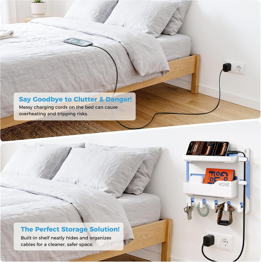 Bedside Shelf Wall Mount, Adhesive Bedside Shelf Accessories Organizer with Hooks and Cable Clips,Dorm Bedside Wall Storage for Phone, Remote, Earphone, Kindle,Plastic(White)