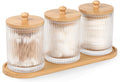 eggs sound 3 Pack Qtip Holder - Bathroom Organizers and Storage, Cotton Round Holder Floss Pick Cotton Ball Holder Swab Dispenser Set with Tray, Glass Apothecary Jars with Lids, -sw clear y