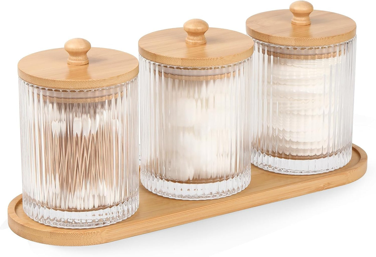 eggs sound 3 Pack Qtip Holder - Bathroom Organizers and Storage, Cotton Round Holder Floss Pick Cotton Ball Holder Swab Dispenser Set with Tray, Glass Apothecary Jars with Lids, -sw clear y