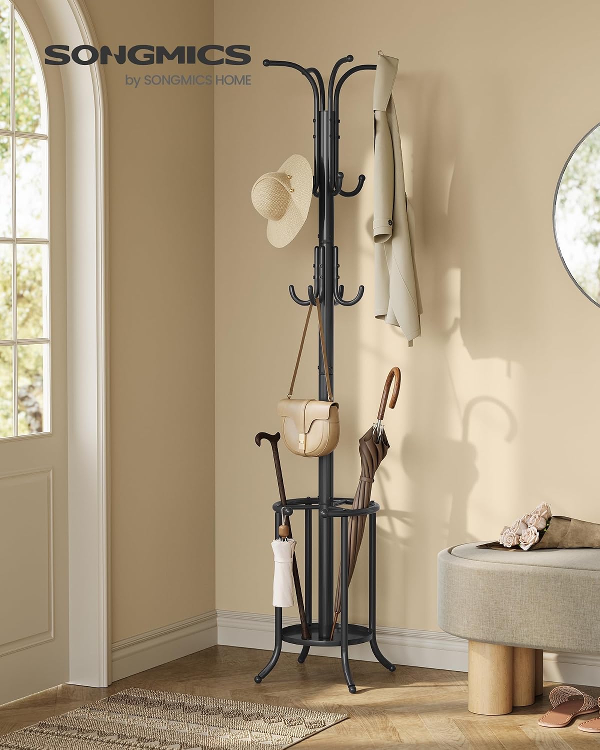 SONGMICS Metal Coat Rack Freestanding, with Umbrella Holder, 12 Hooks
