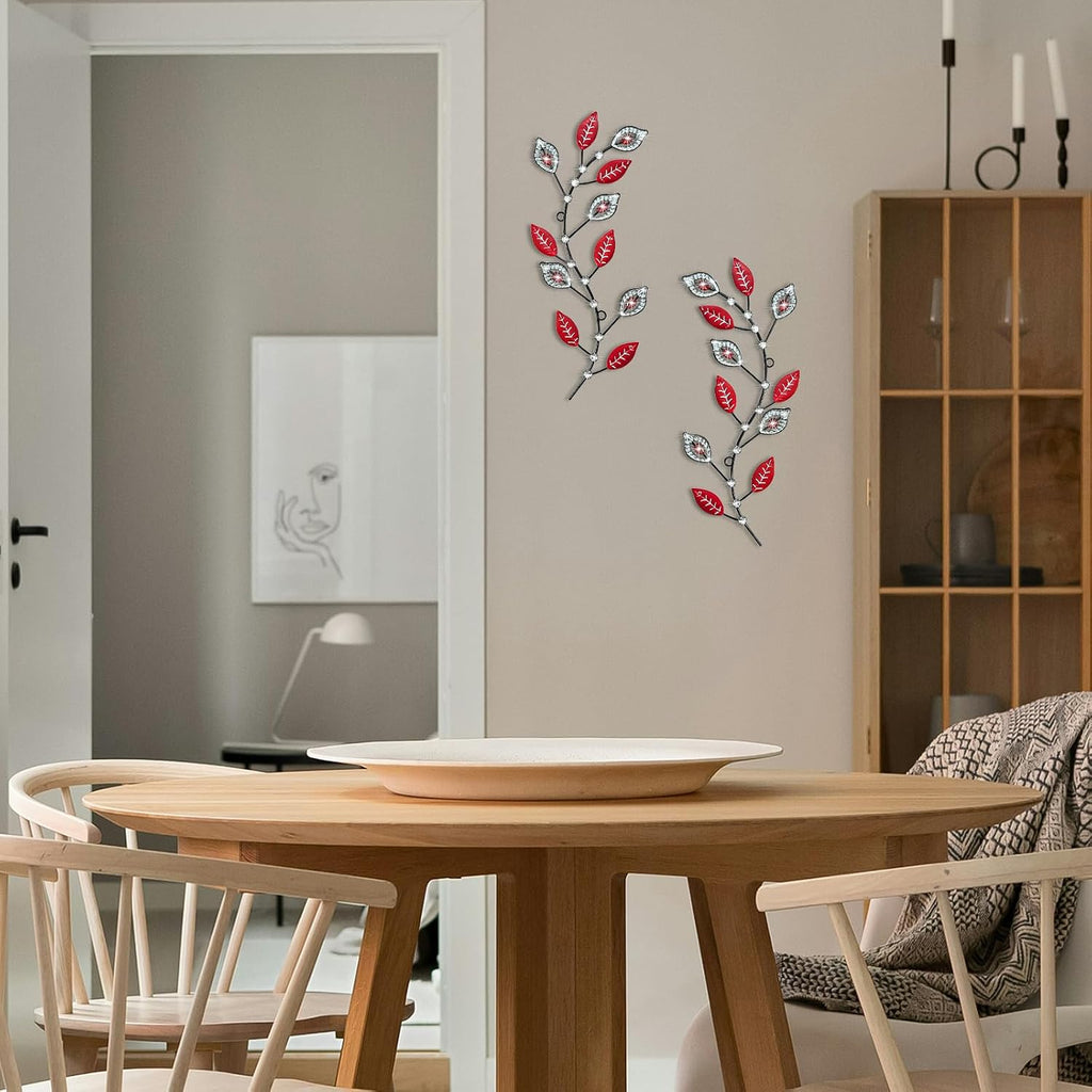sxnzequnze 2 Set Metal Tree Leaf Wall Art for Home Decor Living Room Bedroom Dining Room Bling Rhinestone, 3D, Iron Branch Hanging Leaf Sculpture Art Pieces -Red 16.5in*6.7in