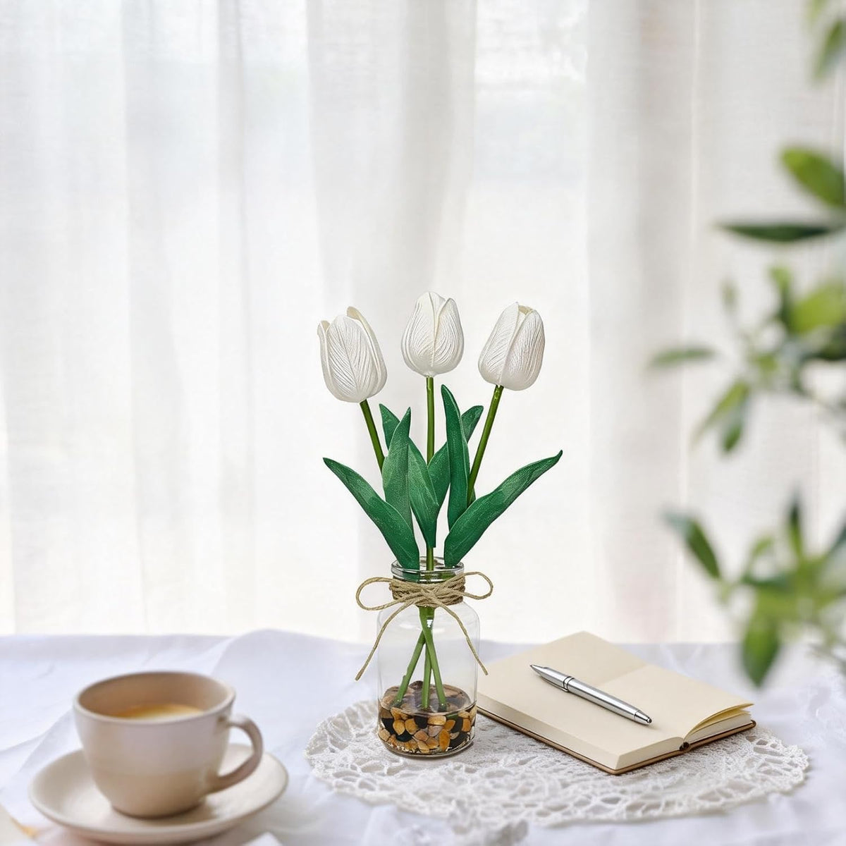 2 Packs Artificial Tulips Flowers in Glass Vase with Faux Water Stone,White