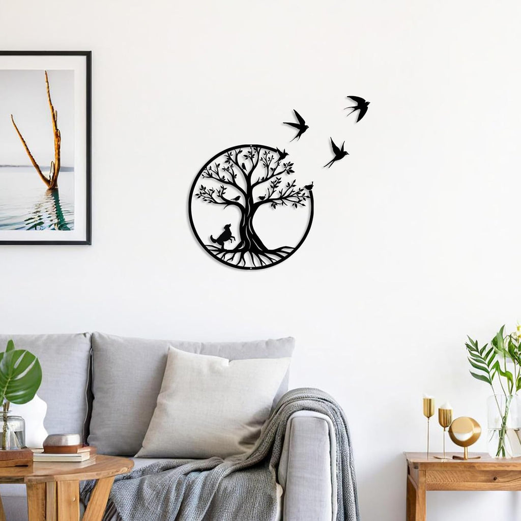 lyyochinn Tree of life metal wall art with 3 free flying birds wall decor,Outdoor Garden Porch Metal Birds Wall Hanging Sculpture for Father's Day Present or Housewarming Gift(13inch)