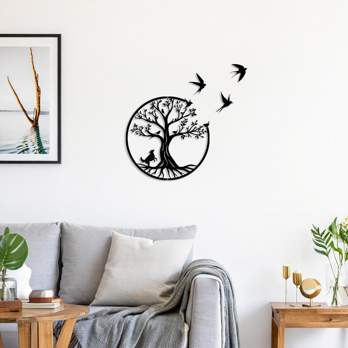 lyyochinn Tree of life metal wall art with 3 free flying birds wall decor,Outdoor Garden Porch Metal Birds Wall Hanging Sculpture for Father's Day Present or Housewarming Gift(13inch)