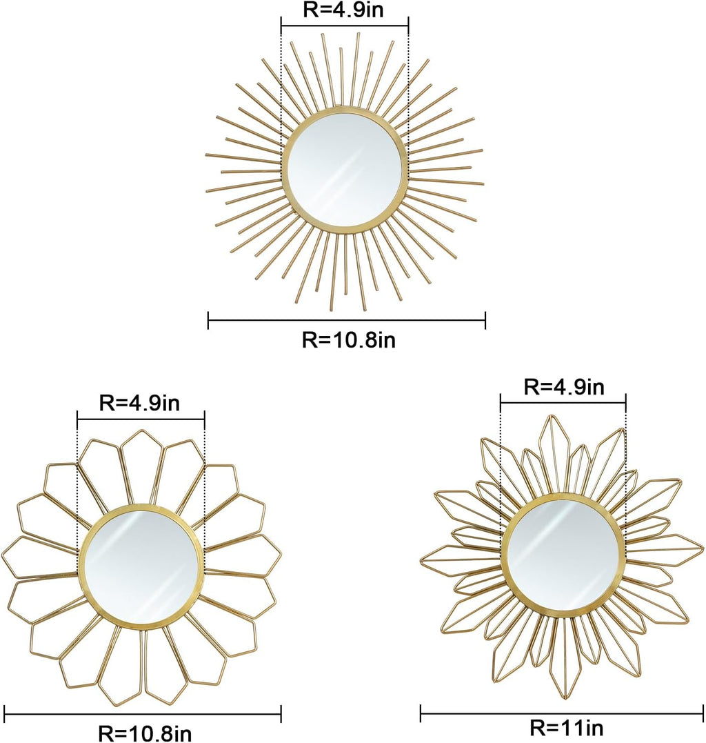hogardeck Metal Mirrors Wall Decor - 3 Pcs 11" Metal Sunburst Flower Wall Mirrors Home Décor, Decorative Hanging Wall Art for Living Room, Bedroom, Kitchen, Bathroom, Entryway