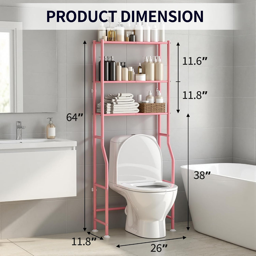 3-Tier Over Toilet Storage Cabinet, No Drilling, 64" H, Pink