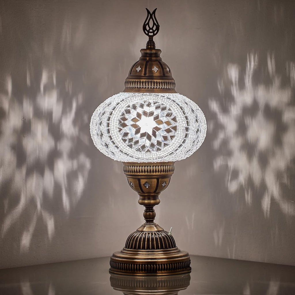 Turkish Moroccan Mosaic Battery-Operated Table Lamp – 12” H, 5” W, Portable Stained Glass Lantern for Indoor & Outdoor Use, Cordless Handmade Decorative Light for Bedroom, Patio & Camping, White Clear