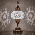 Turkish Moroccan Mosaic Battery-Operated Table Lamp – 12” H, 5” W, Portable Stained Glass Lantern for Indoor & Outdoor Use, Cordless Handmade Decorative Light for Bedroom, Patio & Camping, White Clear