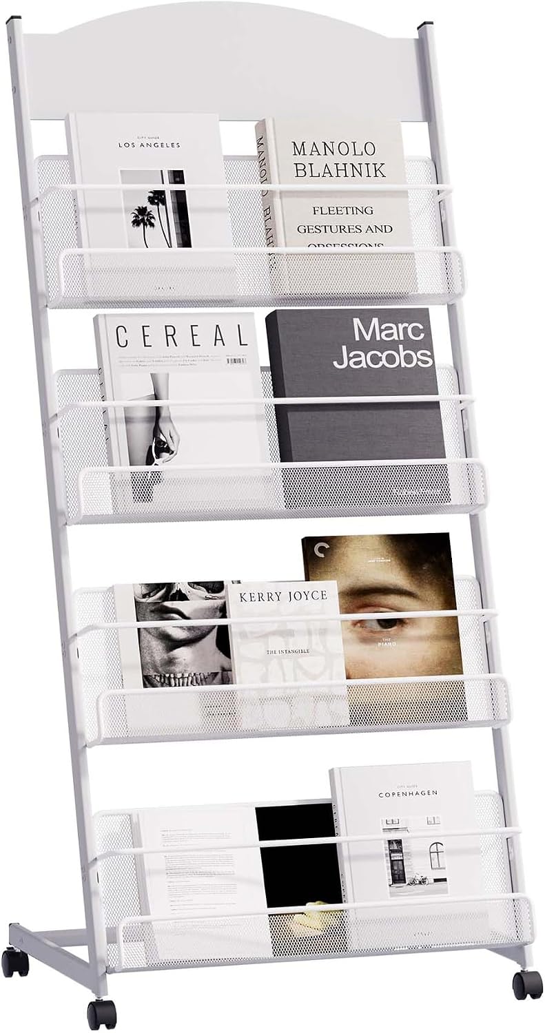 lesolar Floor-Standing Magazine Rack, 4-tier Newspaper Holder with Wheels