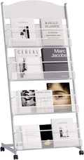 lesolar Floor-Standing Magazine Rack, 4-tier Newspaper Holder with Wheels