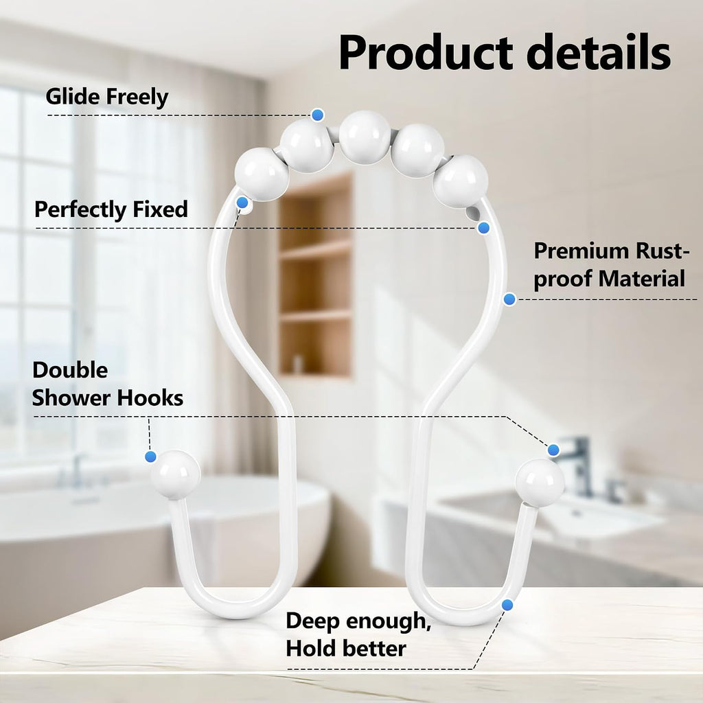 Resze 12PCS Shower Curtain Hooks, Sturdy Metal Shower Curtain Rings(White)