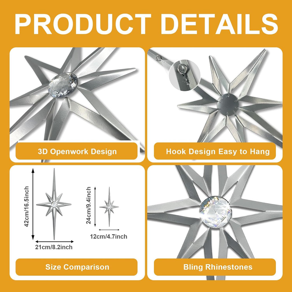 sxnzequnze 4 Pcs Star Wall Art for Home Decor Living Room Bedroom Office Metal 3D,Bling,with Hanging Hook Starburst Midcentury Sculpture Retro Gallery Accent Celestial -Silver 16.5in/9.4in