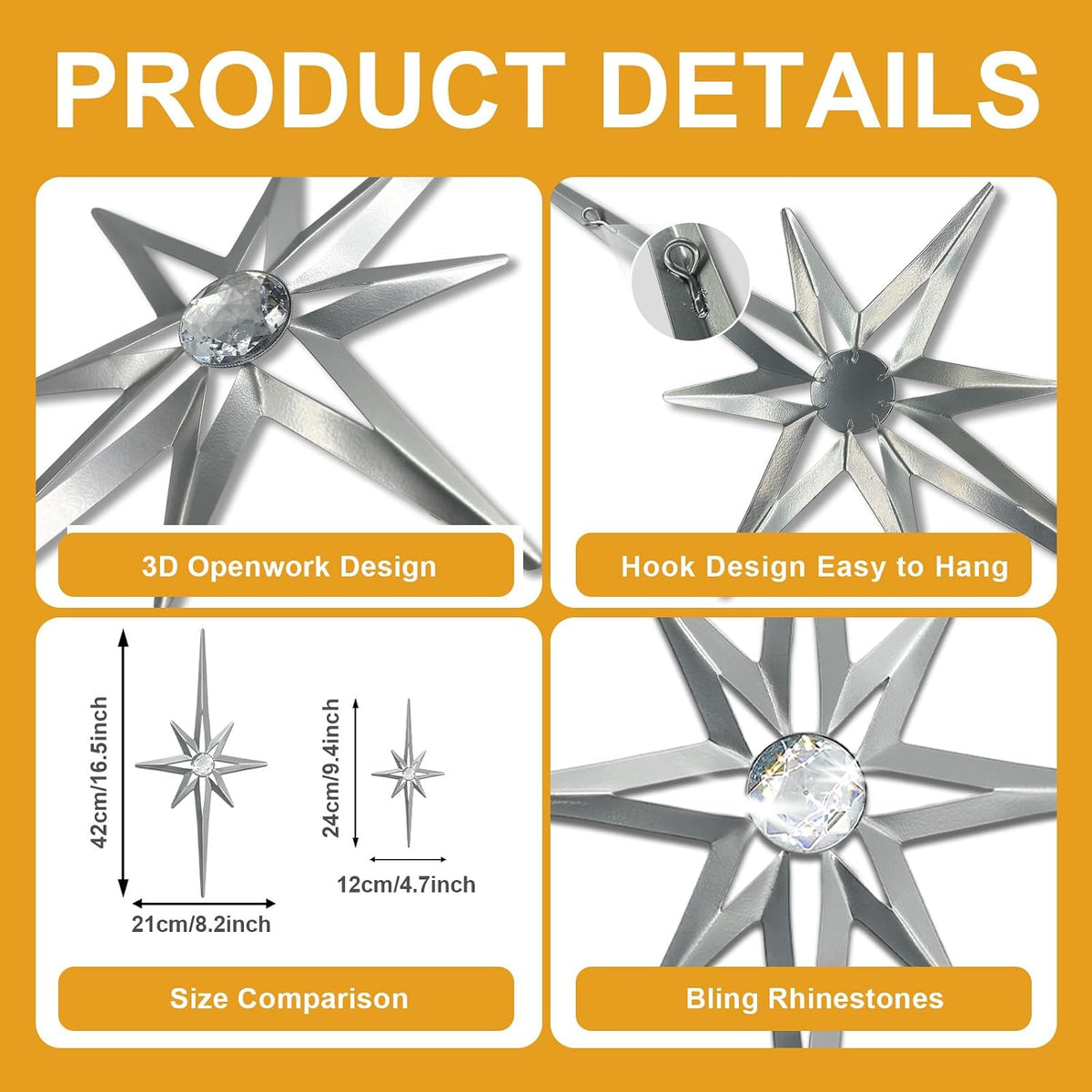 sxnzequnze 4 Pcs Star Wall Art for Home Decor Living Room Bedroom Office Metal 3D,Bling,with Hanging Hook Starburst Midcentury Sculpture Retro Gallery Accent Celestial -Silver 16.5in/9.4in