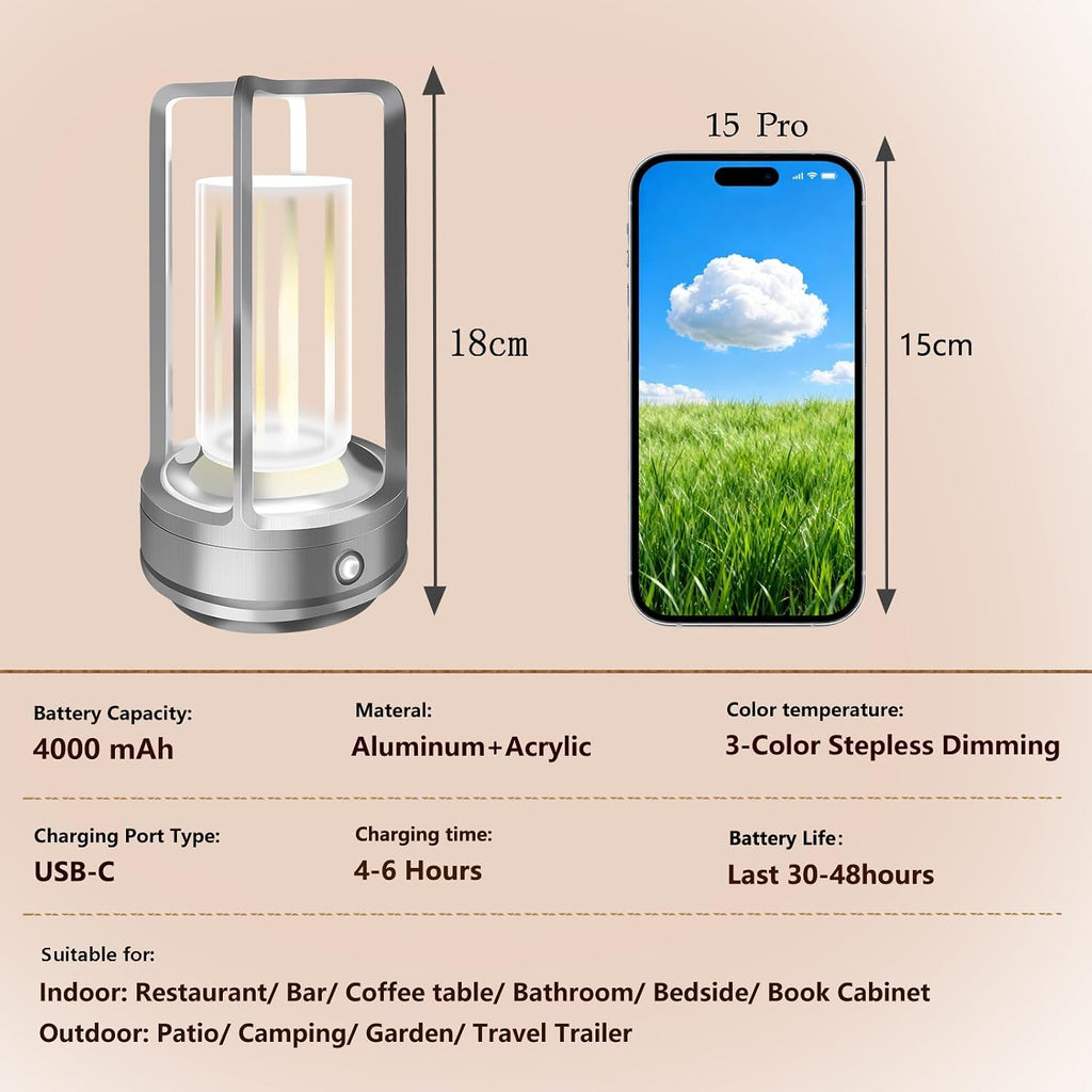 Set of 2 Cordless Table Lamps, LED Rechargeable Table Lamp with 3 Color Stepless Dimmable, Indoor/ Outdoor Table lamp for Patio/ Camping/ Bar/ Coffee/ Restaurant/ Home(Silver 2 Pcs)