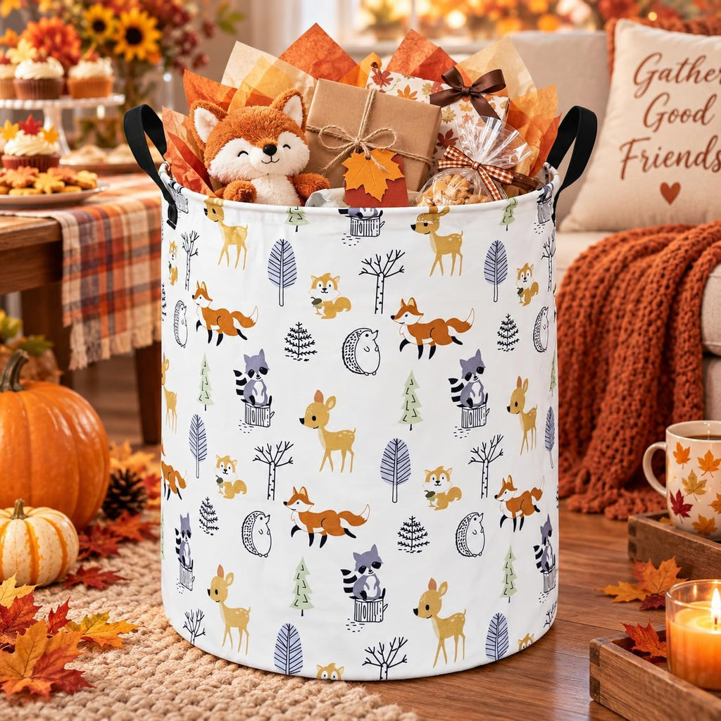 Autumn Animal Storage Basket with Handles, Woodland Animal Storage Basket for Kids' Room, Foldable Laundry Hamper