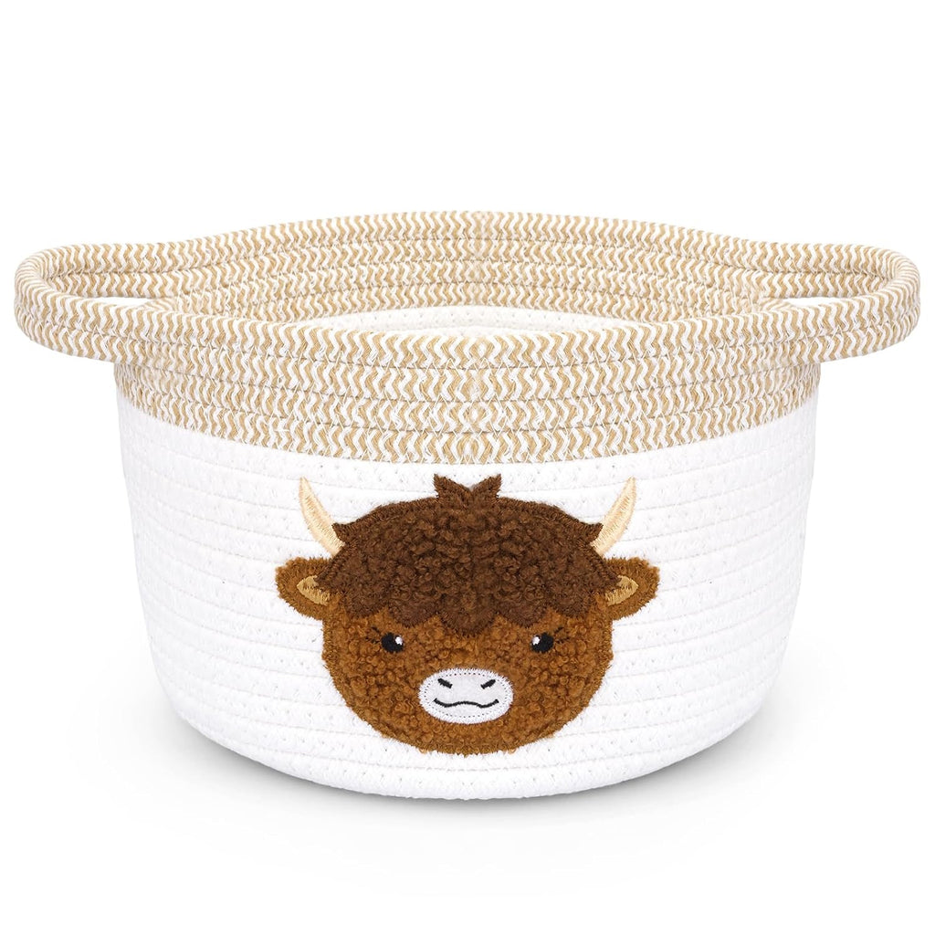 Highland Cow Gift Basket - Small Woven Cotton Rope Organizer Basket for Nursery, Pet Toys & Baby Shower, Foldable Decorative Bin with Handles (7.8x6in)