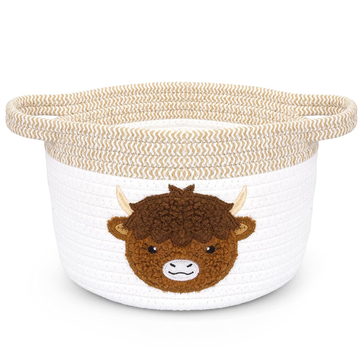 Highland Cow Gift Basket - Small Woven Cotton Rope Organizer Basket for Nursery, Pet Toys & Baby Shower, Foldable Decorative Bin with Handles (7.8x6in)
